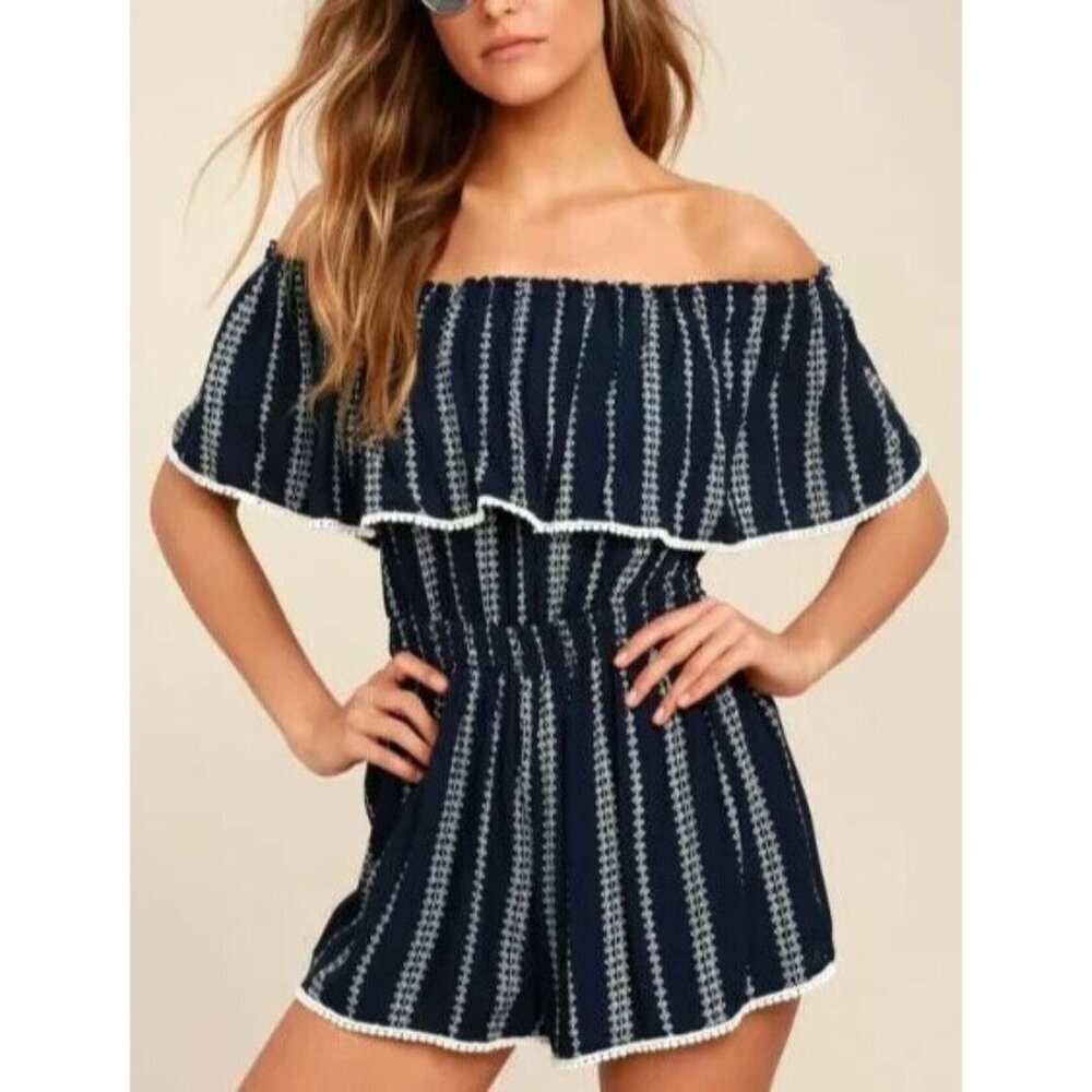 Lulus See Ya There Romper Size Small Off The Shoulder Women's Navy Blue White